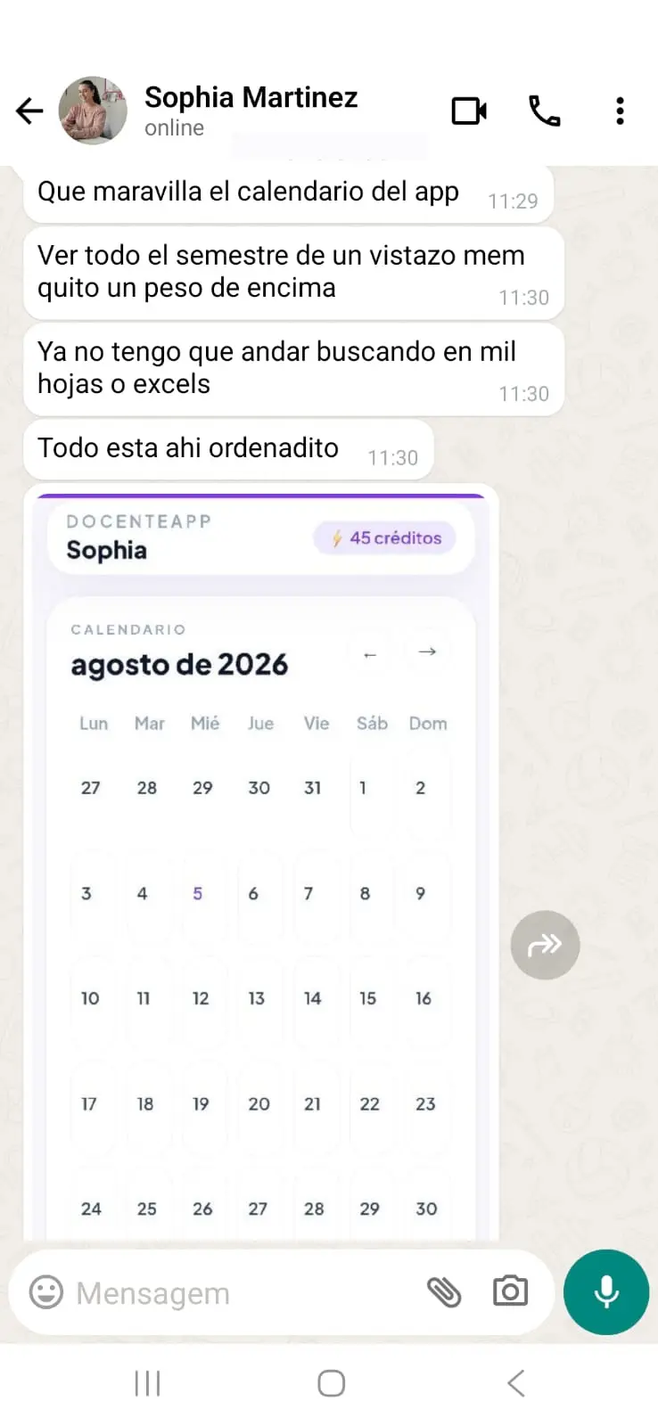 Mensaje de una docente sobre ver todo el semestre en el calendario de la app