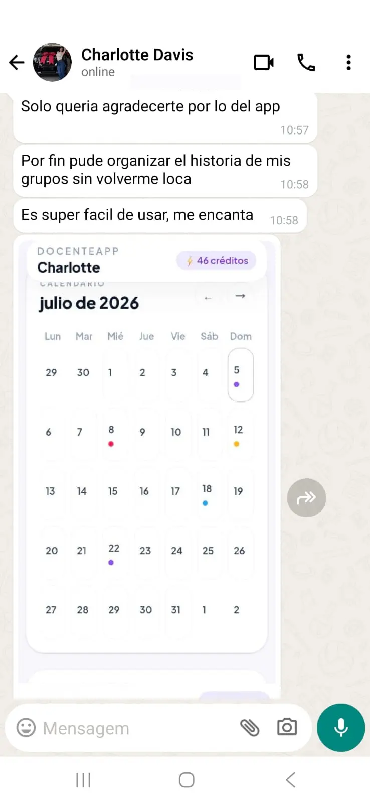 Mensaje de una docente sobre organizar el historial de sus grupos