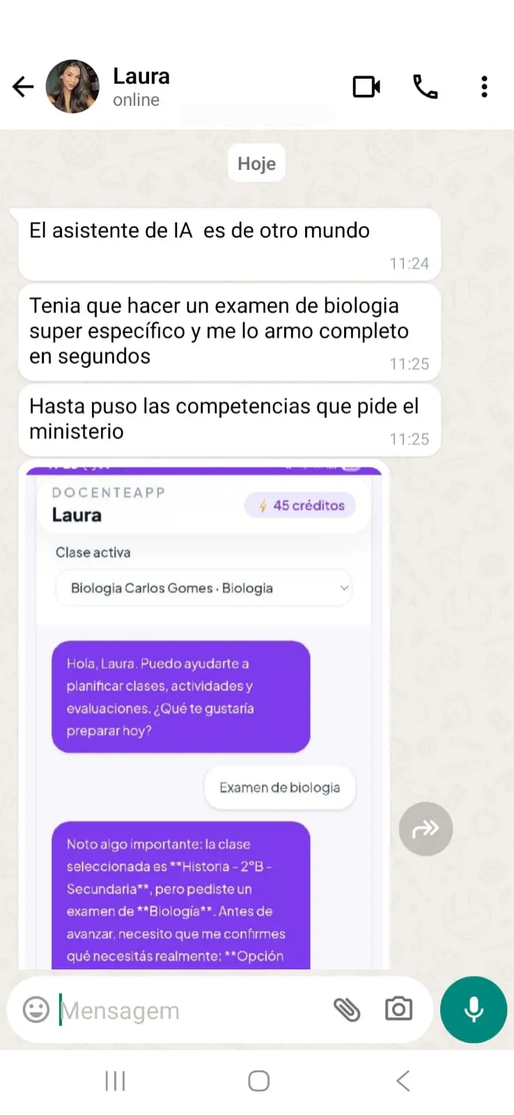 Mensaje de una docente sobre el asistente de IA armando un examen de biología