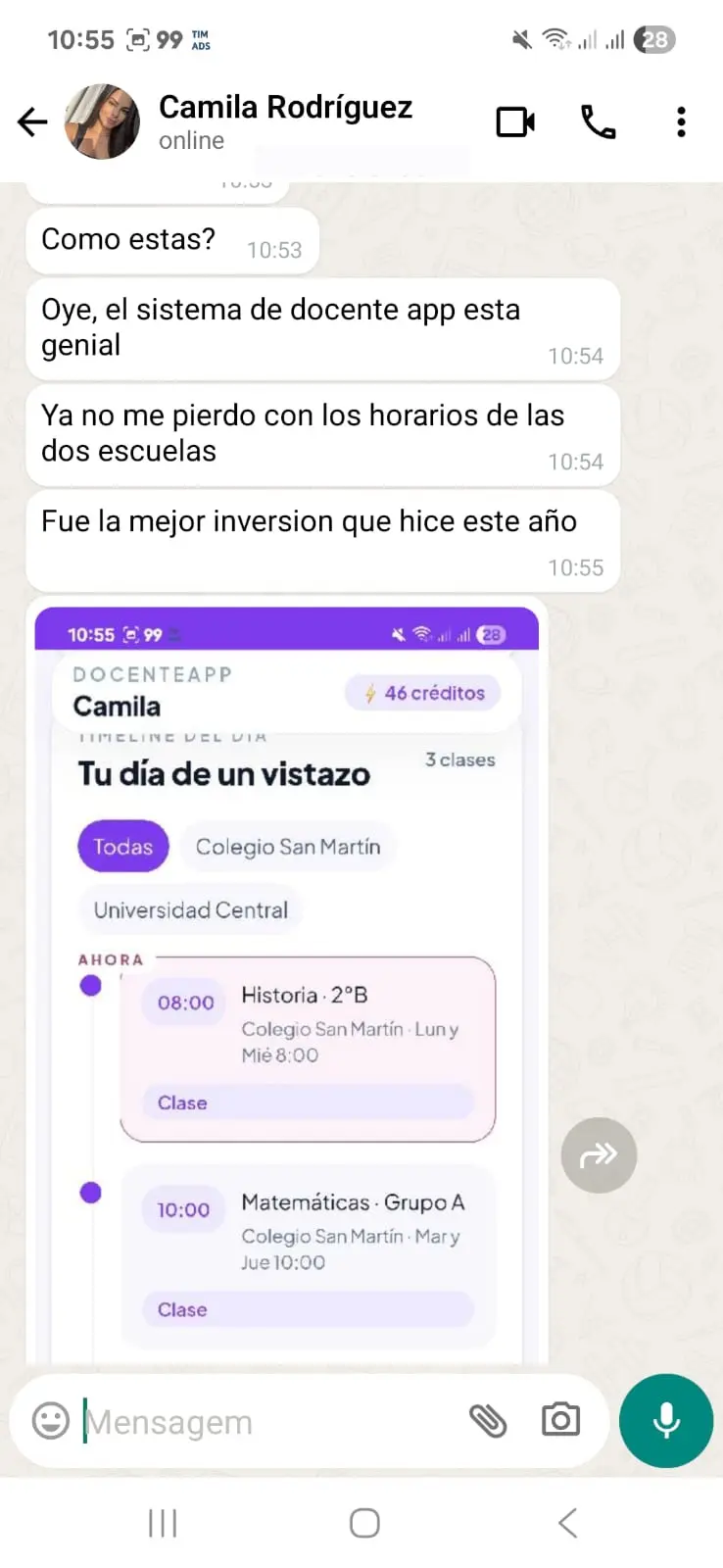 Mensaje de una docente contando que ya no se pierde con los horarios de dos escuelas